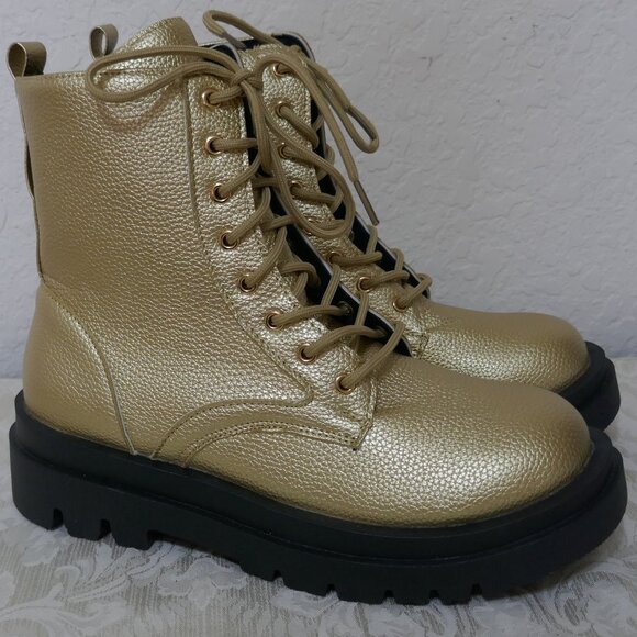 Shoes - Gold Combat Mid Calf Lace Up Boots Zipper Detail Lug Heels Womens 43/12